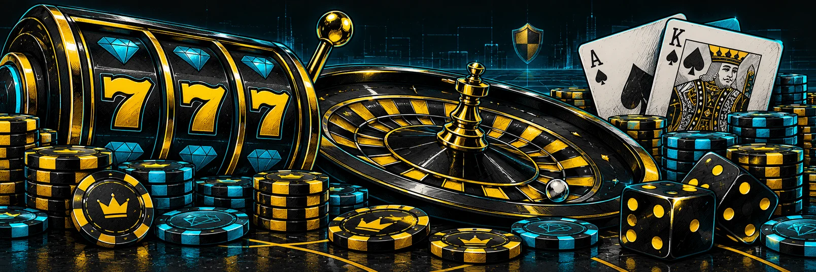 Casinoillustration med spelautomater, roulette, spelkort, tärningar och staplar av marker i gult och cyan.