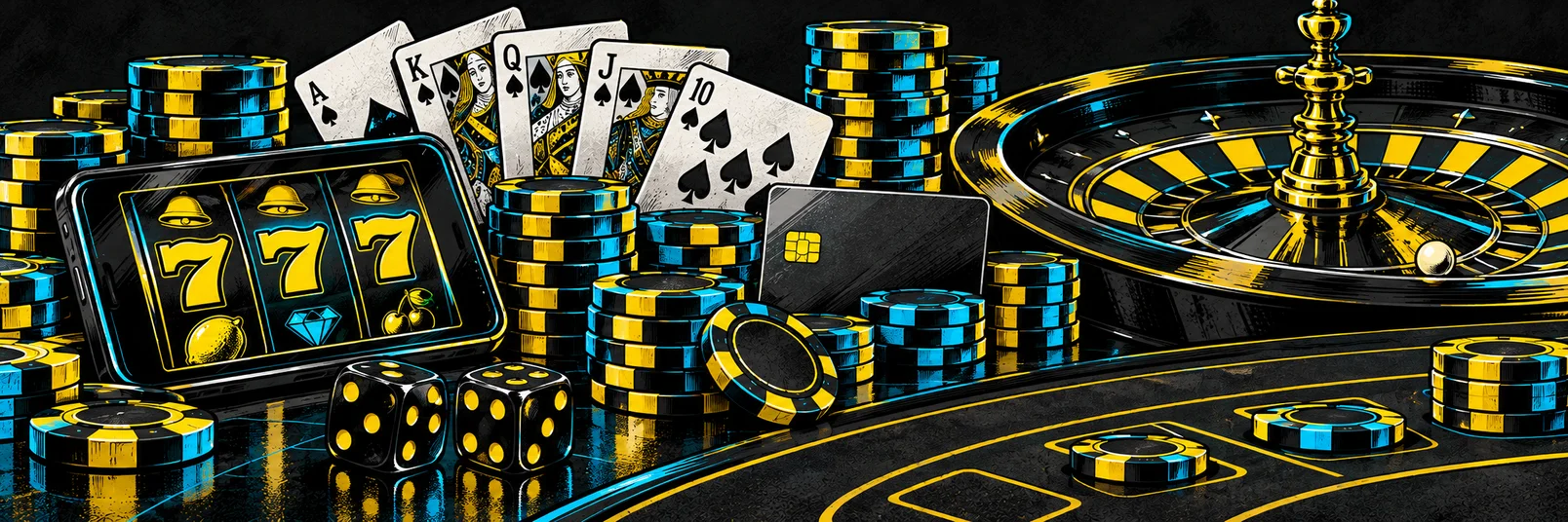 Casinoillustration med digitala spelhjul, roulette, spelkort, marker, tärningar och ett bankkort i gult och cyan.