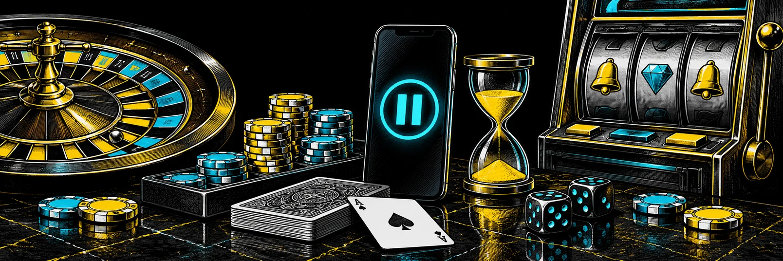 Casinoillustration med roulette, spelautomat, marker, kort och tärningar runt en mobil med paussymbol och ett timglas i gult och cyan.