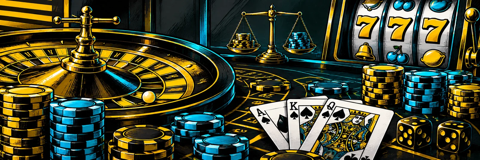 Casinoillustration med roulette, spelautomat, spelkort, tärningar och marker samt en balansvåg i bakgrunden.