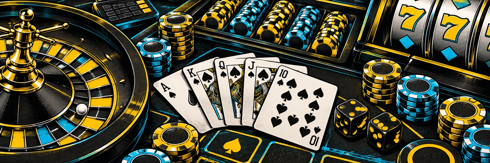 Casinoillustration med roulette, spelkort, spelautomater, tärningar och marker samt en liten räknare i bakgrunden.